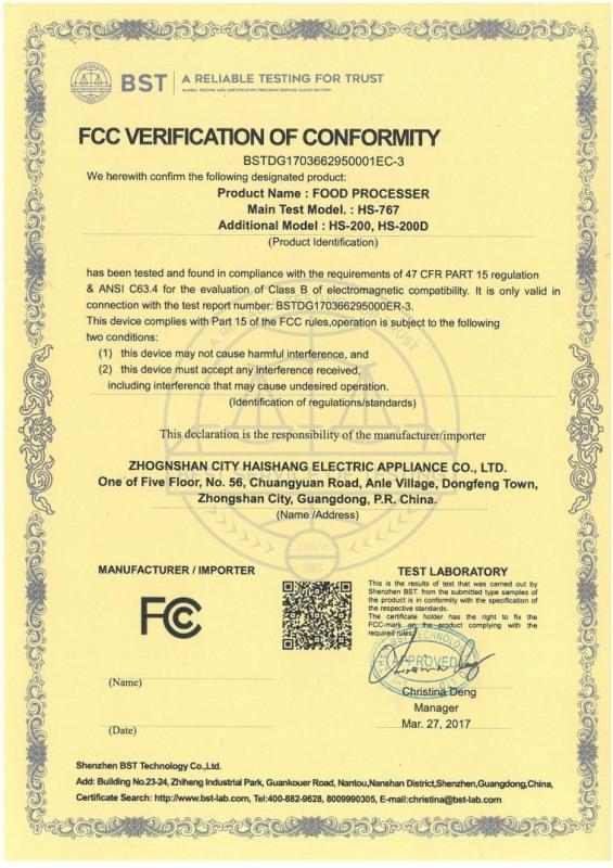 FCC - Zhongshan City Haishang Electric Appliance Co., Ltd.