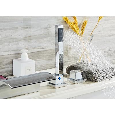 China High Quality Home Luxury Brass Metered Waterfall Basin Faucets Bathroom Faucet With Hand Held Shower Head for sale