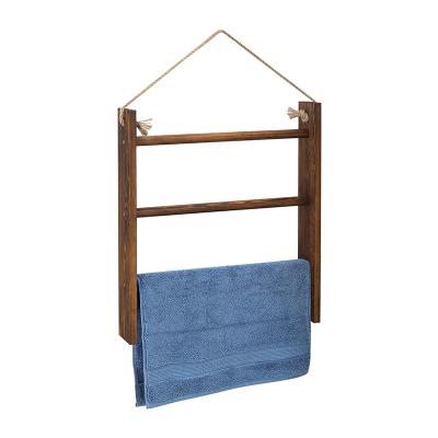 China Rustic 3-Tier Bleached Wooden Wall Hanging Towel Storage Ladder with Rope for sale