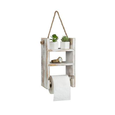 China Rustic 2-Tier Whitewashed Wood Hanging Ladder Bathroom Shelf and Toilet Paper Holder with Rustic Rope for sale