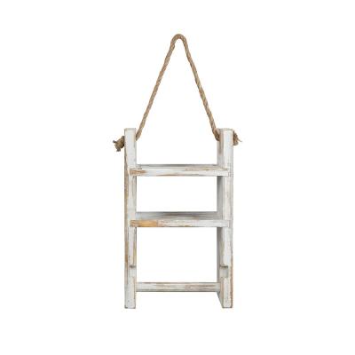 China Rustic Distressed Wooden Bathroom Wall Hanging 3 Bar Towel Drying Shelf Ladder Wooden Bamboo Towel Rack For Hotel Household for sale