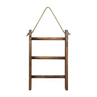 China Hot Sale 3-Tier Rustic Mini Wood Wall-Hanging Bathroom Towel Ladder Rustic Hanging Storage Rack With Rope Top Gray for sale