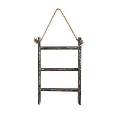 China 3-Tier Rustic Mini Wall-Hanging Hand Towel Ladder with Rope Bathroom Towel Rack Ladder and Wooden Hook Farmhouse Room Decor for sale