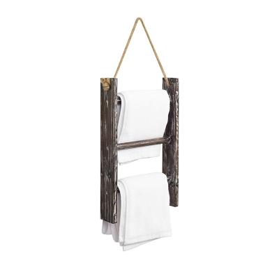 China Rustic Wooden 3-Tier Hand Towel Hanging Ladder, Rustic Mini Wood Wall-Hanging Bathroom Towel Storage Rack with Top Rope for sale