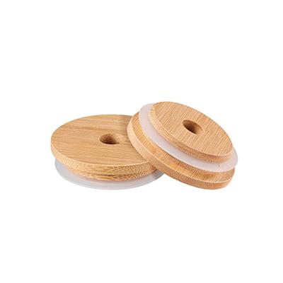 China Custom Logo Non-Refillable Bamboo Wooden Lids Capsule Mason Jar Bamboo Lid With Straw Hole for sale