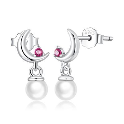 China FASHIONABLE SHIERO Moon Pearl Drop Earrings 926 Sterling Silver Fashion Earrings Jewelry for Women for sale