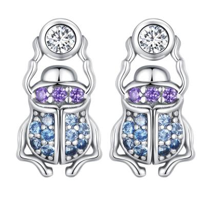 China Colorful Zircon Crystal Insect Animal Fashion Jewelry Earrings 925 Sterling Silver Women Scarab Stud Earrings for sale