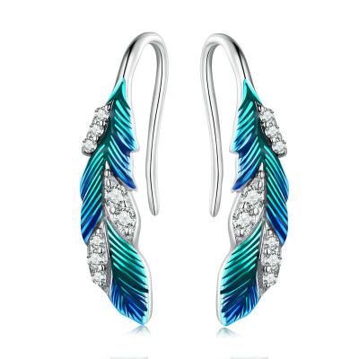 China TRENDY 925 Sterling Silver Feather Earrings Enamel Hook Earrings For Women for sale