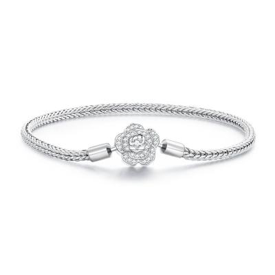 China New Designer Sparkle Zircon Rose Flower Clasp FASHIONABLE Sterling 925 Silver Jewelry Bangle Snake Bracelet for sale