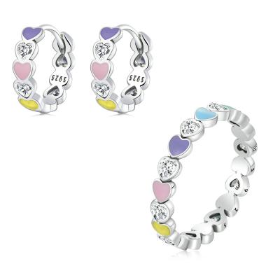 China SHIERO Heart Zircon Sparkle Ring Rainbow Heart Enamel FASHION Circle Earrings 925 Sterling Silver Jewelry Set For Women for sale