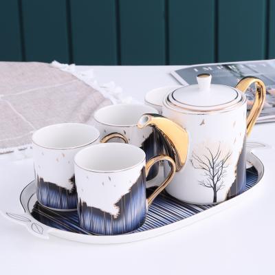 China QYD China Manufacture Viable Color Box Packing New 360CC Bone China Tea Cup With Tray Cups Porcelain Teapot Ceramic Tea Set for sale