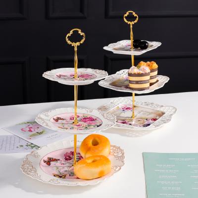 China QYD Viable Flower Porcelain Cream Cake Dish Tool 3 Tier Tabletop Fruit Platter Gold Stand Layer Ceramic Embossed Pink Stand Set With Stand for sale