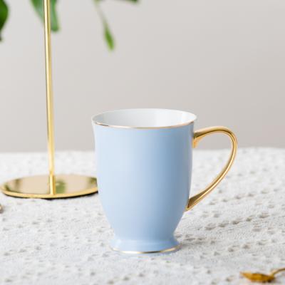 China QYD Viable Blue Gold Matte Rim Handle Coffee Mugs Bone China New Mugs Ceramic Tea Porcelain Mug 11oz for sale