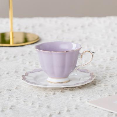 China Viable Customized Purple Colored Ceramic New Logo Clay 90cc Bone China Cup And Saucer Tea Set for sale