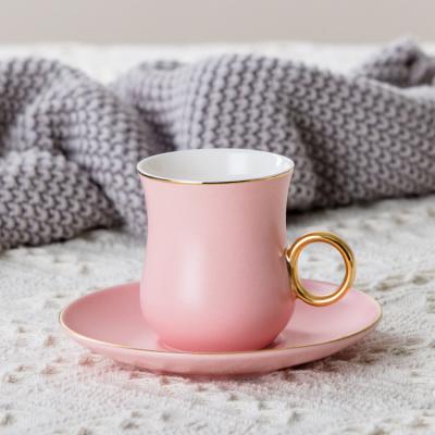 China Viable Custom Matte Glazed Pink Bone China Coffee Cup And Saucer New Logo Ceramic Mug Set for sale