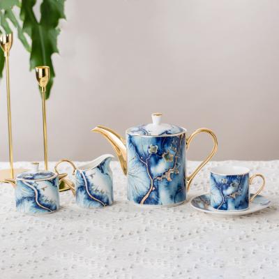 China QYD Chaozhou Sustainable Manufacturing Design Soft Bone China Royal Blue Turkish Tea Set Coffee Cup 17pcs Porcelain Marble Ceramic Teapot Set New for sale