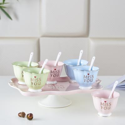 China Sustainable Fancy Design Restaurant Used Colorful New Bone China Ice Cream Bowl And Spoon Set With Tray for sale