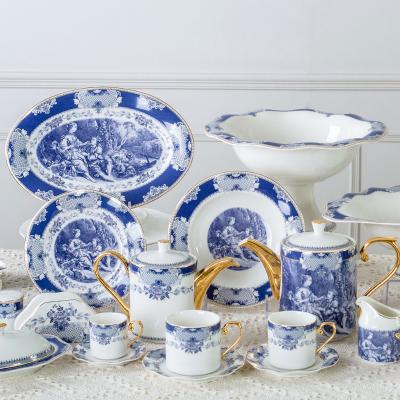 China QYD Viable Luxury Noble Home Porcelain Tableware Tea Coffee Sets Gold Royal Blue Edge Plates New Bone China Ceramic Tableware for sale