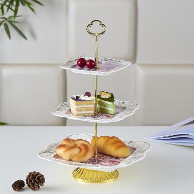 China Sustainable Hot Sale Wedding Used 3 Tier Drop Out Plates Set Ceramic Cake Stand 3 Layers for sale