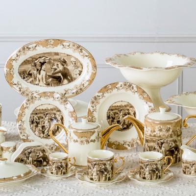 China Viable Medieval Royal Style Decal Design Light Yellow Glazed Elegant Porcelain Dish Bowls New Bone China Ceramic Dinner Set For Feast for sale