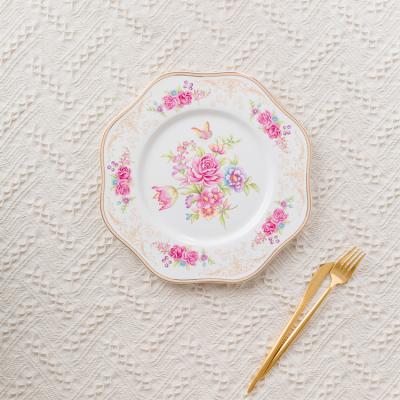 China QYD Sustainable Classic Pink Rose Porcelain Dish Dinnerware Dish Round Ceramic Dishes for sale