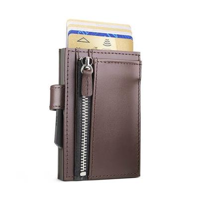 China RFID Blocking Protects Leather Men's Wallet Card Holder Slim Aluminum RFID Blocking Men's Wallet With Zipper Coin Pocket for sale