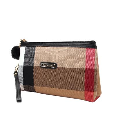 China Recyclable Customized Print Plaid Canvas Zipper Pouch Makeup Cosmetic Bag for sale