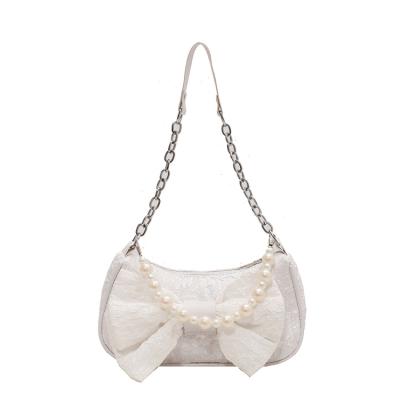 China 2021 Hot Selling Fashion Ladies Lace Bowknot Handbags One Shoulder Bag Women Handbags With Pearl for sale