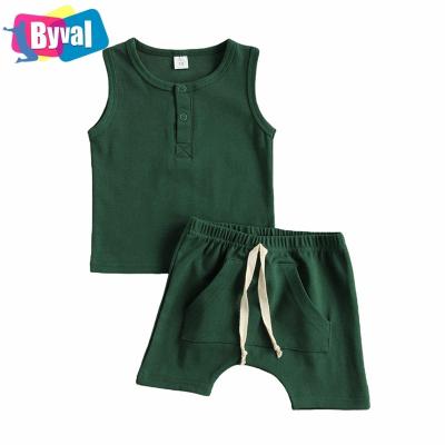 China Byval Unisex Toddler Casual Baby Clothes Summer Outfits Solid Color Cotton Tank Top And Shorts Pajamas Infant Suits for sale