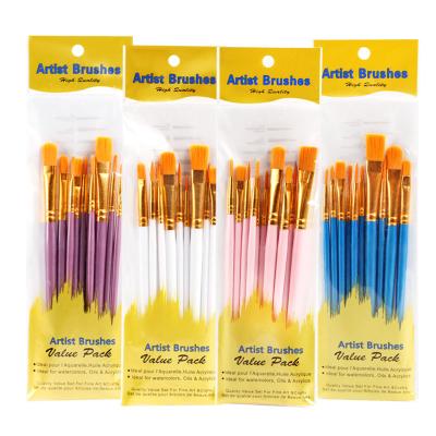 China 10Pcs/set Handle Artists Hair Brush Nylon Plastic Nylon Gouache Watercolor Oil Acrylic Gouache Painting Brush Set 4 Colors Polish Are Available for sale