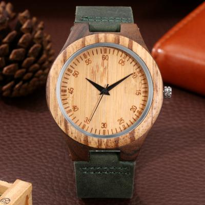 China New Style Day/Date Dark Green Case Face Ebony Zebra Wood Watch Digital Leather Wrist Watch For Men for sale