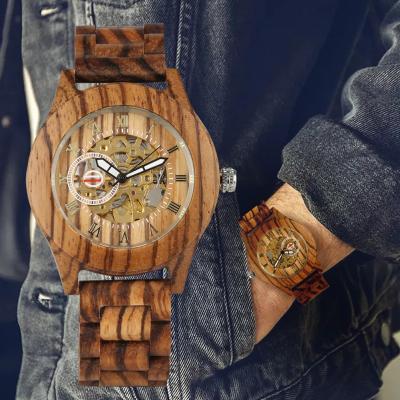 China Non-Specific Cavity Roman Numerals Dial Mens Luminescent Fashion Function Automatic Wooden Mechanical Watch for sale