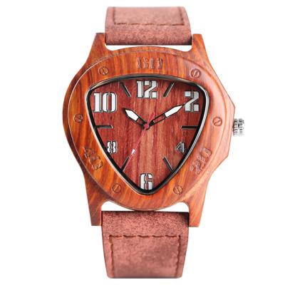 China OEM Hot Selling Day/Date Custom Logo Engraved Triangle Dial Wood Wristwatch for Men and Women for sale