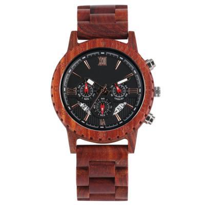 China MOQ Day/Date OEM Private Label Three Eyes Chronograph Red Sandalwood Wooden Men's Wrist Watch for sale