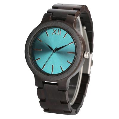 China 2019 Day/Date OEM Custom Blue Face Ebony Wooden Watches For Men And Women for sale