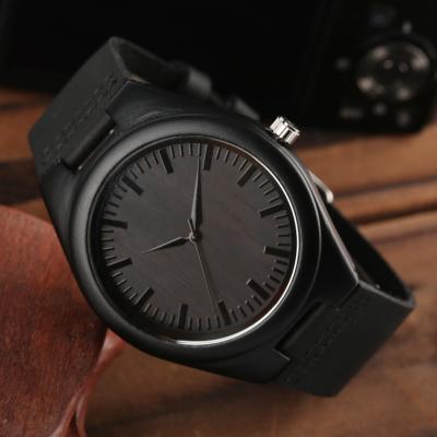 China Day/Date OEM Customized Private Label Black Leather Strap Ebony Wood Wrist Watch For Men And Women for sale