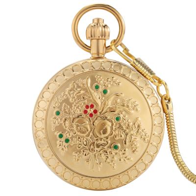 China Fashion Antique Luxury Automatic Pocket Watch Flower Pattern Luxury Gold Embossed Elegant Mechanical Pocket Watch for sale