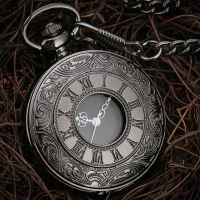 China Antique Black Gold Case Bronze Silver Fob Watches Roman Numerals Quartz Pocket Watch Black With Thick Key Chain for sale