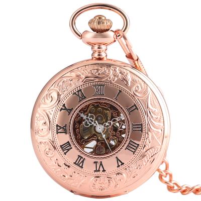 China Fashion Antique Double Open Hunter Watch Necklace Rose Gold Mechanical Pocket Watch Charm FOB Watch for sale