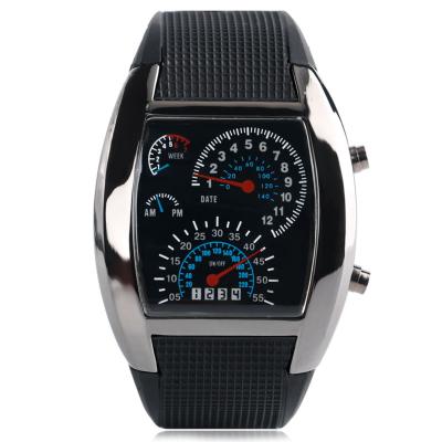 China Custom Day/Date Logo Blue &White LED Light Watch Men Black Rubber Digital Watches Male Dot Matrix Watch for sale