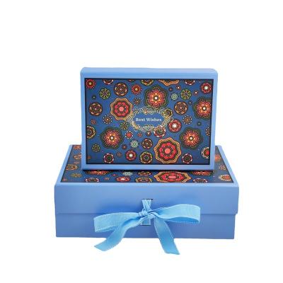 China Recycled Materials Wholesale Luxury Ribbon Cover Magnetic Folding Box Collapsible Luxury Blue Gift Box Customized Magnetic Christmas Gift Box for sale