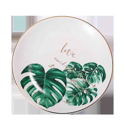 China Wholesale Modern CERAMIC Printed Luxury Home Decor Ring Dish Green Plants Round Shape Ceramic Jewelry Display Tray For Lady Wedding Gift for sale