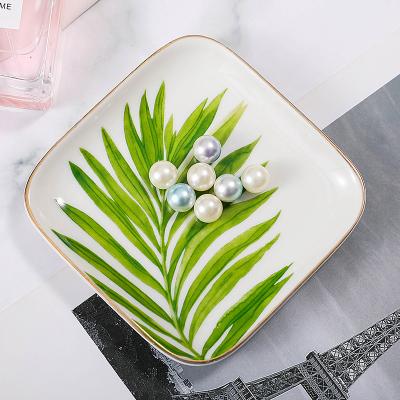 China Nordic CERAMIC decal printed green plants luxury home decor square shape ceramic trinket dish jewelry display tray for lady wedding gift for sale