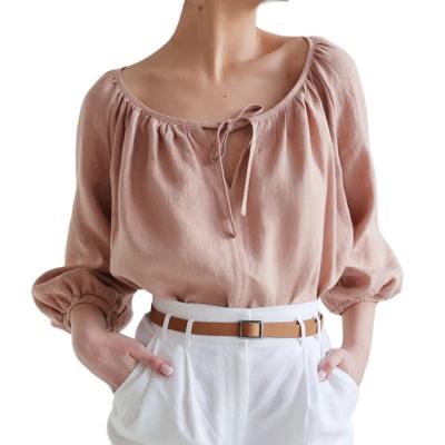 China Anti-Wrinkle Drawstring Scoop Neck Tie Neck Long Sleeve Canvas Top Shirt For Woman for sale