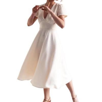 China Anti-Static Deep Cup Sleeve V-Neck Women's Linen Dress Worked White Dress for sale