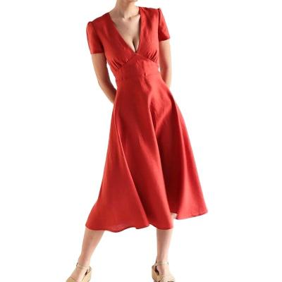 China Anti-Static Red Line V-Neck A Line Cotton Body Back Lace Up Dress for sale