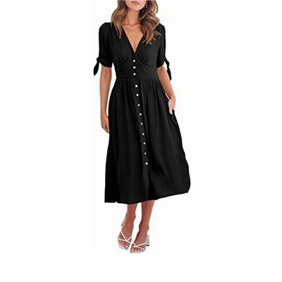 China Anti-Static Expensive Canvas Black Short Sleeve Sexy Long Dress With Shirt Button for sale