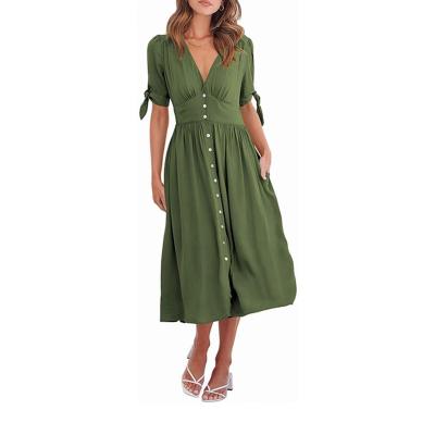 China Anti-Static Solid Sexy Plain Dyed Army Green Cotton V Pleated Button Casual Dress for sale