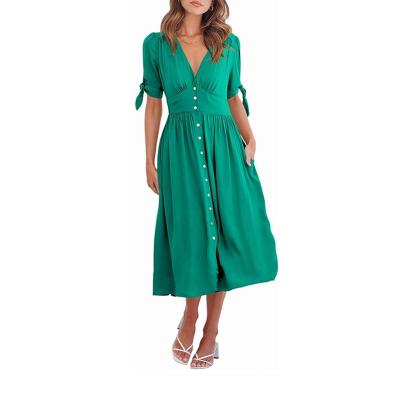 China Anti-Static Slim Knee Length Midi Shirtdress Linen Shirt Style Ruffles Green Dress for sale