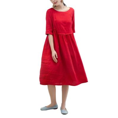 China Anti-Static Women Relaxed Floating Canvas Red Sleeve Fit Washed Blend Rural Dress for sale